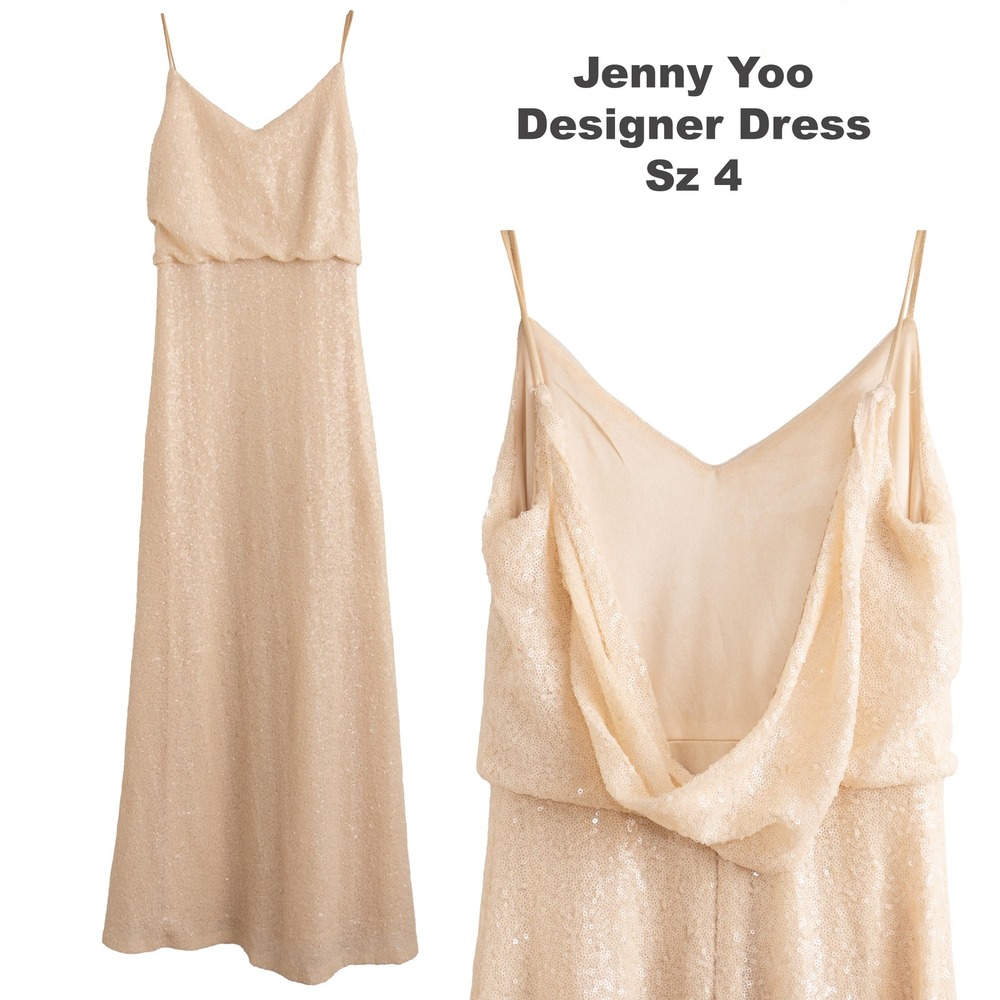 Jenny Yoo Champagne Wedding Dress Sz 4 Sequin Draped back Prom Homecoming Formal